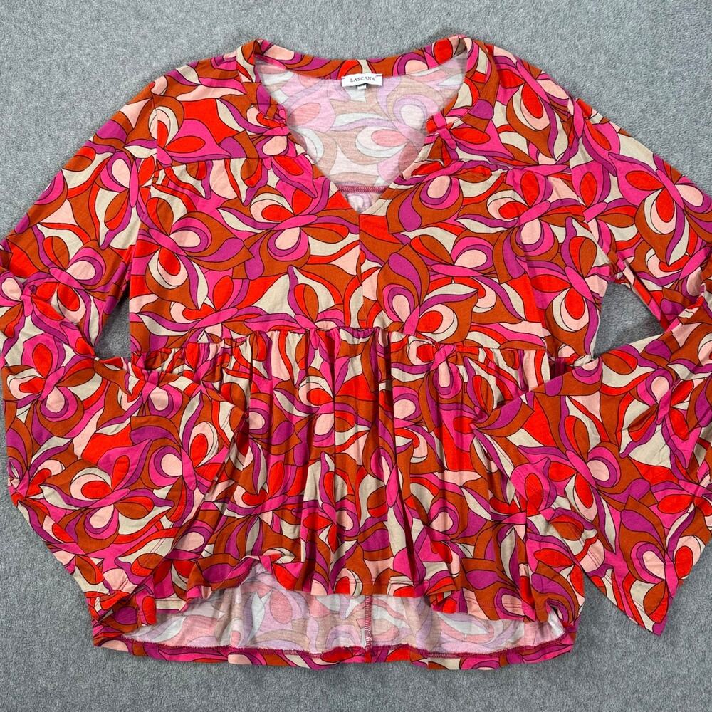 Lascana for Venus Retro Print Bell Sleeve Babydoll Blouse Women's 8/10 V-Neck